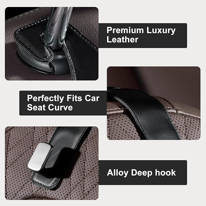 CoBak Headrest Hooks for Car - Universal Premium Stitched Leather and Aluminum-Magnesium Alloy Single Car Seat Back Storage Hook for Purses, Handbags, Bags (2 Pack), Black Texture