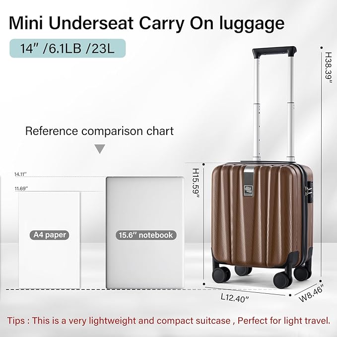 Hanke 14 Inch Underseat Carry On Luggage with Wheels Hard Shell Suitcases Lightweight Small Luggage for Weekender Mini Suitcase Carry On Bag Travel Luggage for Travel Rolling Suitcase.(Brown)