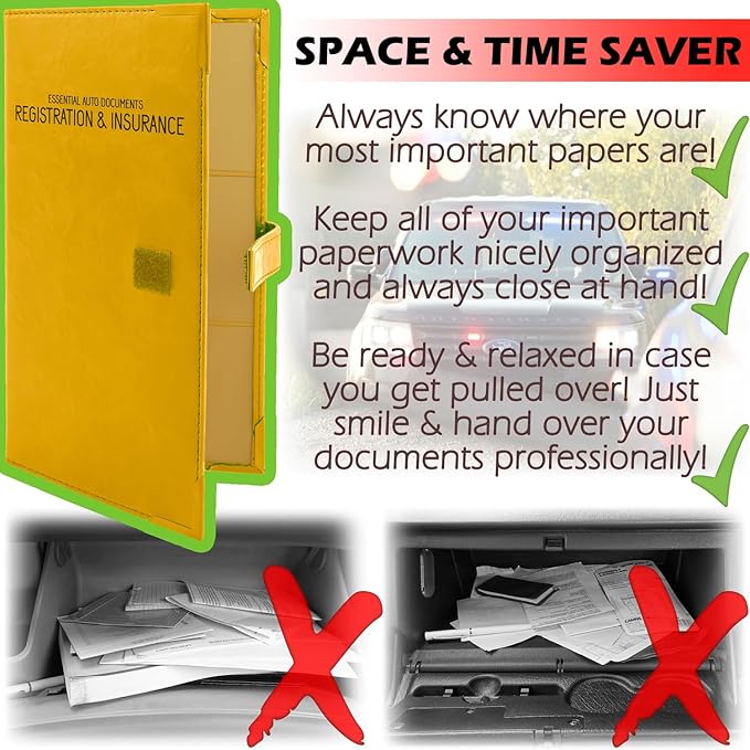 Auto Insurance and Registration Card Holder - Vehicle Glove Box Document Organizer - Car Essential Paperwork Holder for DMV, AAA, Contact Information Cards - Premium PU Leather Wallet Case - Yellow
