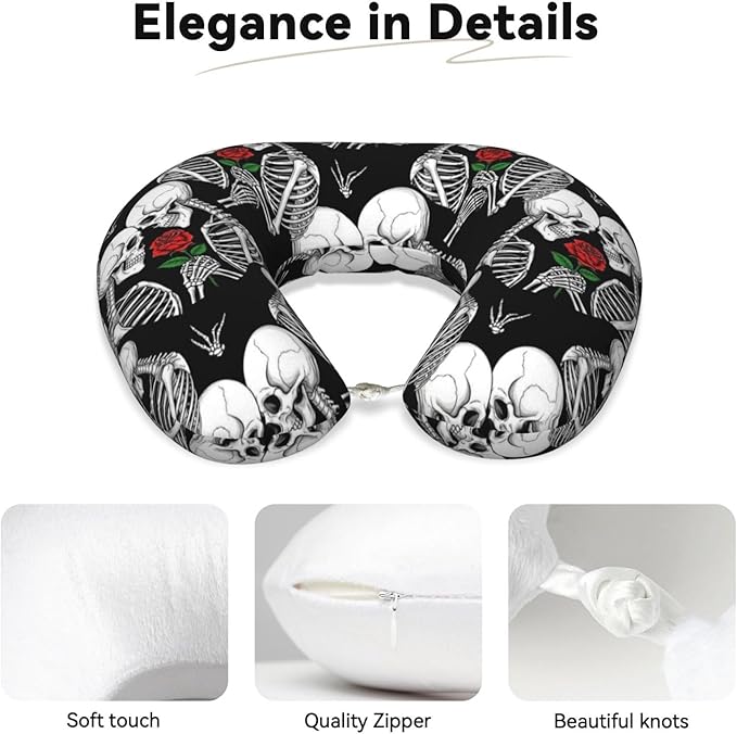 Neck Travel Pillow, Women Men Washable Airplane Car Pillows Rose Flower Skull Love Skeleton, Head Support Rest U Shaped Cushion Comfortable for Watching TV