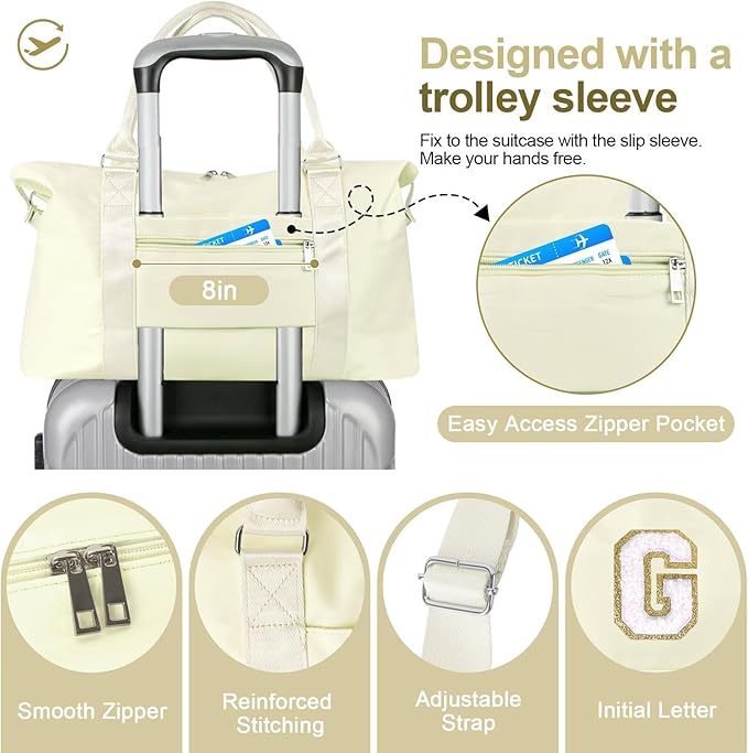 Dance Gym Duffel Bag for Teen Girls, Personalized Initial Travel Weekender Bag,Cute Overnight Carry On Duffle for Women,Sports Travel Cheer Bag,Monogram Christmas Gifts for Tween Preppy(beige-G)