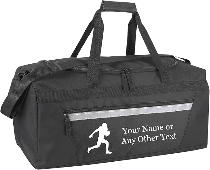 Personalized Sports Duffel Bags for Men and Women - 22” Customized Travel Duffle with Name & Football Design - Water Resistant Two-Toned Overnight Weekender Bag - Black