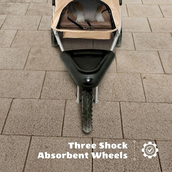 Critter Sitters 3-Wheel Jogging Dog Stroller with Storage Basket and Cup Holders, Modern and Stylish Pet Stroller for Medium to Large Pets up to 55 Pounds, Tan