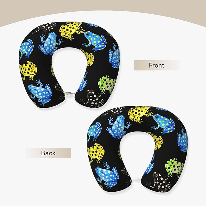 Travel Neck Pillows for Sleeping Rest Car Airplanes Tropical Frogs Black, Memory Foam with Removable Breathable Zipper Cover Washable for Men Women