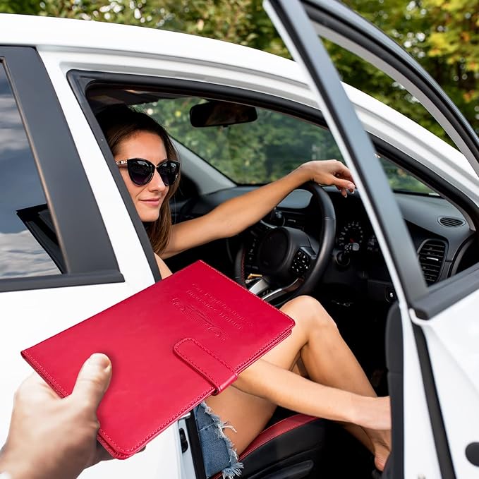 RSAquar Car Registration and Insurance Holder, Leather Car Glove Box Organizer, Cool Car Accessories for ID, Driver's License Cards & Essential Document, Men&Women, Red