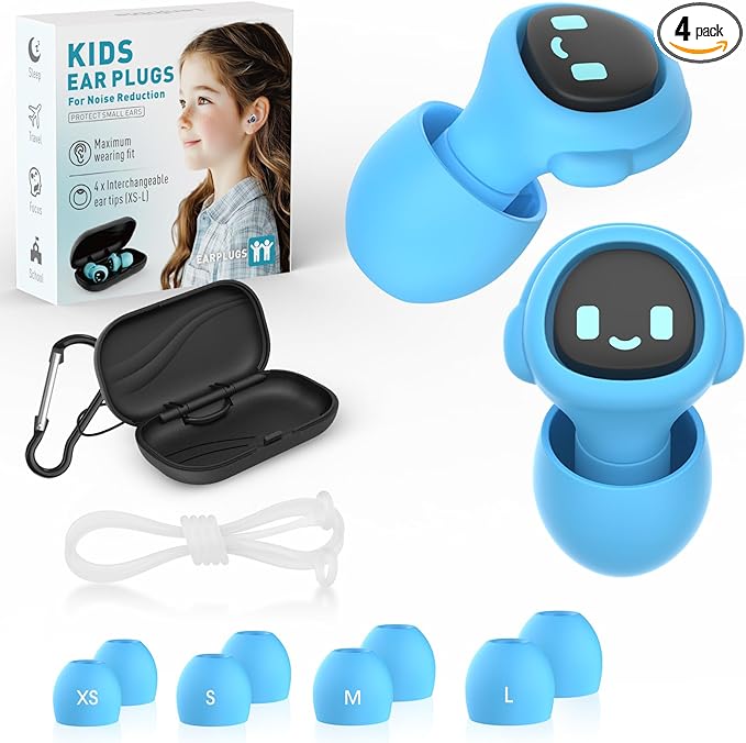 Kids Ear Plugs for 5-12 Yr, 27 dB Noise Reduction Extra Small Earplugs, Ear Plugs for Kids for Noise Sensitivity, Socializing, Sleep, Focus, 4 Sizes Ear Tips in XS-L (Blue+Cord)