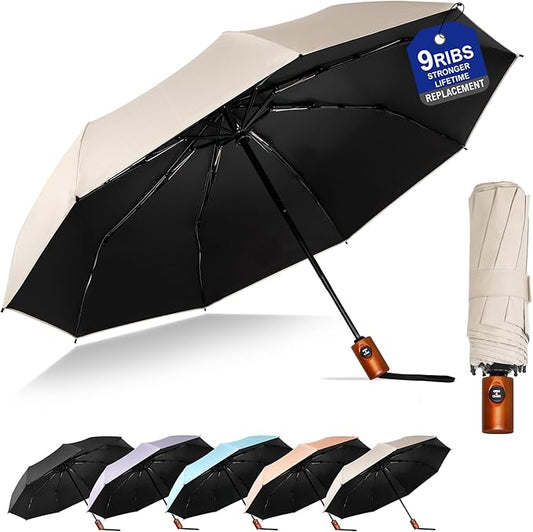 SoulRain Strong Windproof Travel Umbrella with Wooden Handle, Automatic Open Close Compact Folding for Rain & Sun UV Protection, Lightweight Durable Portable for Car, Backpack, Women & Men