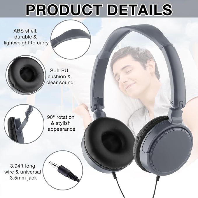 Yunsailing 18 Pack Classroom Headphones Bulk Student Wired Class Headphones Set for School with Individually Wrapped Adjustable Over Ear Head Earbuds (Gray)
