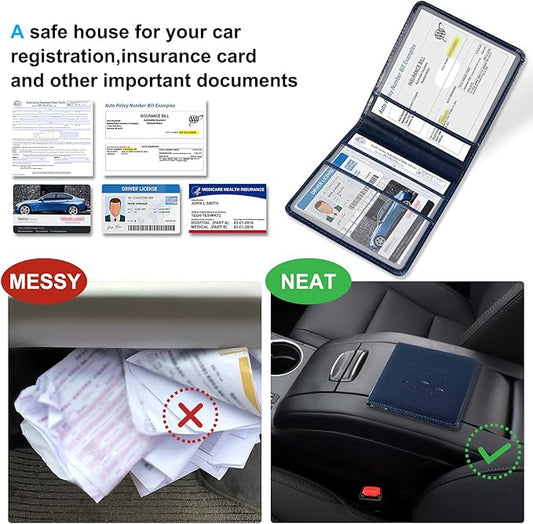 DMLuna Car Registration and Insurance Holder, Folio Leather Vehicle Card Document Glove Box Organizer, Auto Truck Compartment Accessories for Essential Information, Driver License Cards, Dark Blue