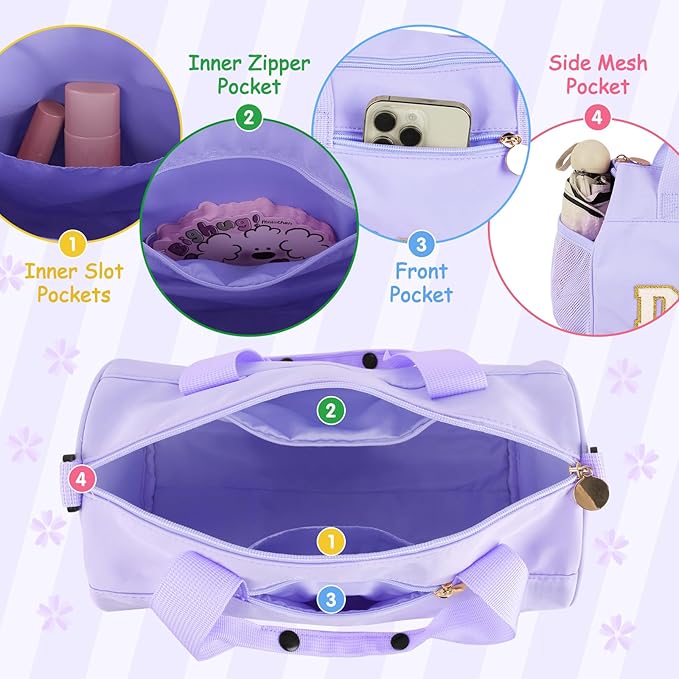 Dance Ballet Duffel Bag for Girls, Personalized Sport Gym Workout Toddler Duffel Bag Cheer Dance Bags, Cute Chenille Letter Waterproof Duffle Bags Gifts for Teens Girl Dancers Athletes(Purple)
