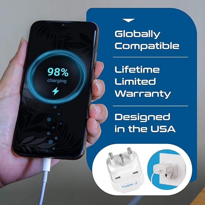 Ceptics Switzerland Travel Plug Adapter (Type J) - 3 Pack [Grounded & Universal] (GP-11A-3PK)