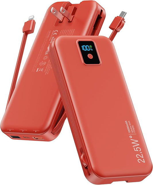 Portable Charger, 12000mAh 22.5W Fast Charging Power Bank with Built-in Cables & Wall Plug, Travel Essential Battery Pack with LED Display, USB C Battery Phone Charger for iPhone, iPad, Samsung Red