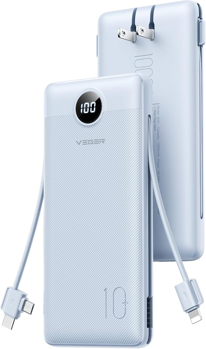 VEGER AC Wall Plug Portable Charger, 10000mah Slim Portable Charger Built in Cables, USB C Power Bank 15W Fast Charging, Travel Essential Battery Pack Compatible with iPhone, Android and More(Blue)