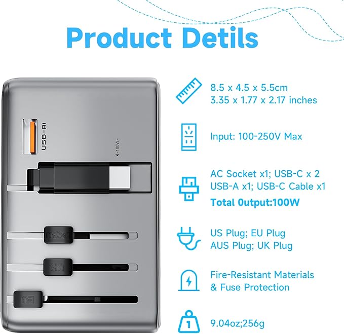 Minthouz Universal Travel Adapter, International 100W Power Adapter GaN Fast Charger with 2 USB-C PD, 1 USB-C Cable &A Ports, All-in-One Portable AC Power Plug Adapter for USA EU UK AUS