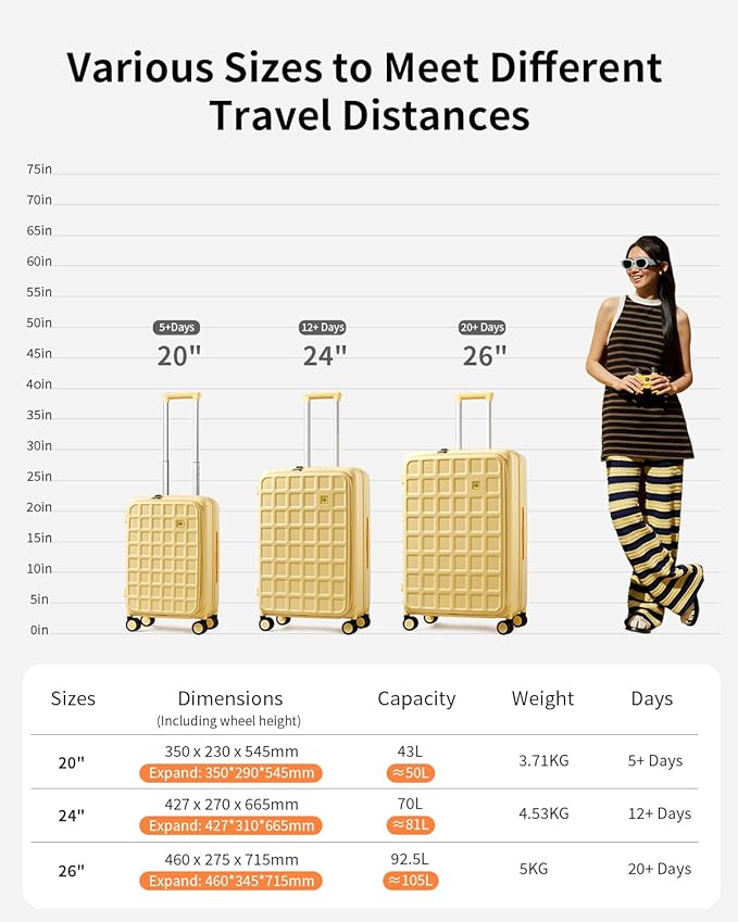 aji Expandable Top Opening 24 Inch Checked Luggage with Spinner Wheels, Large Suitcase with TSA Lock, Hard Shell Travel luggage Suitcases for Men Women, for 12+Days Travel, Cheese Yellow