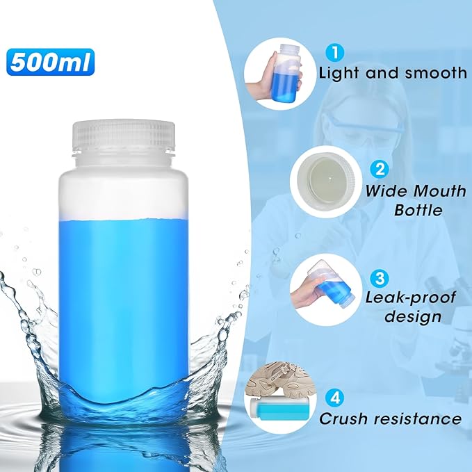 16oz/500ml Plastic Sample Bottles with caps, Wide Mouth Reagent Bottle with Lids Leak Proof Containers Water Sample Bottles for Laboratories, Travel(2Pcs)