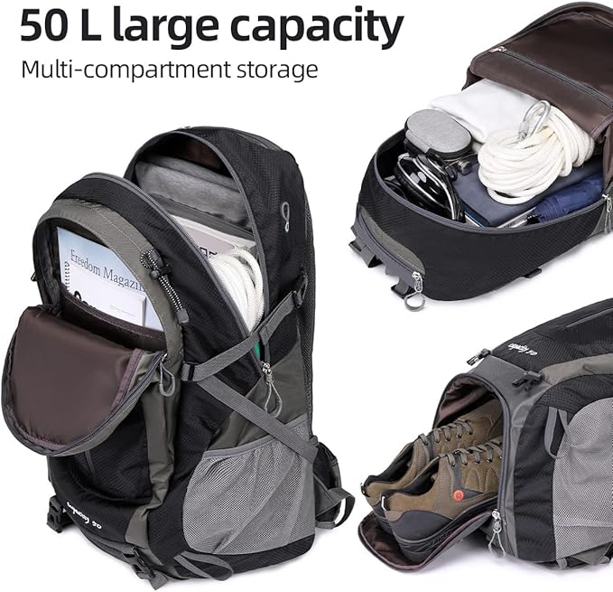 FENGDONG 50L Waterproof Lightweight Expandable Hiking,Camping,Travel Backpack with Shoes Compartment for Men Women Black