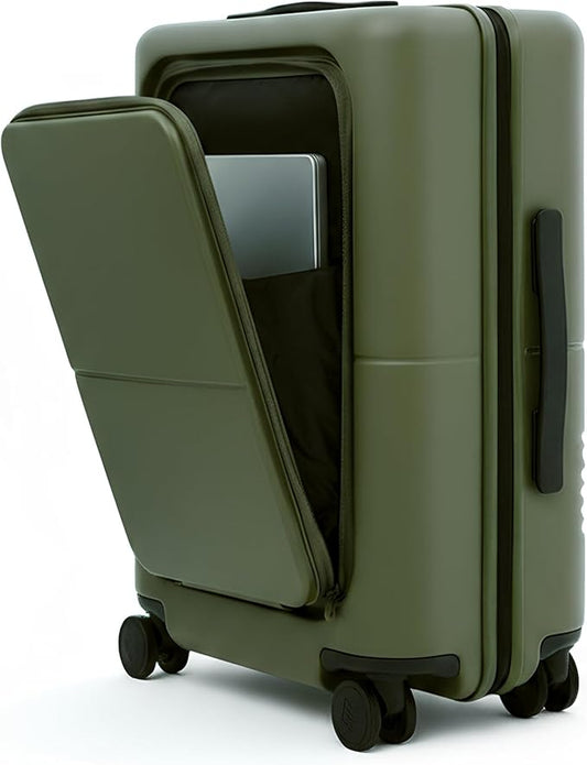 July Carry On Pro - 20" Hardshell with Front Pocket, Airline Approved Carry On Luggage with Wheels, TSA Lock Rolling Suitcase, Silent Spinner Wheels, USB Ports & Ejectable Battery - Moss