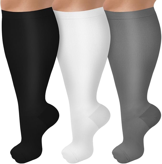 3 Pack Plus Size Compression Socks for Women & Men, Extra Wide Calf Knee High Stockings for Circulation Support