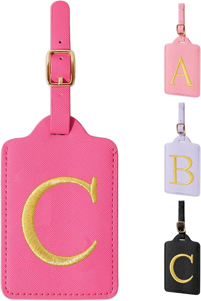 Personalized Initial Rose Red Leather Cute Luggage Tags with Privacy Cover Name Card, Embroidered Custom Monogram Travel Backpack Tag Gifts for Women Kids