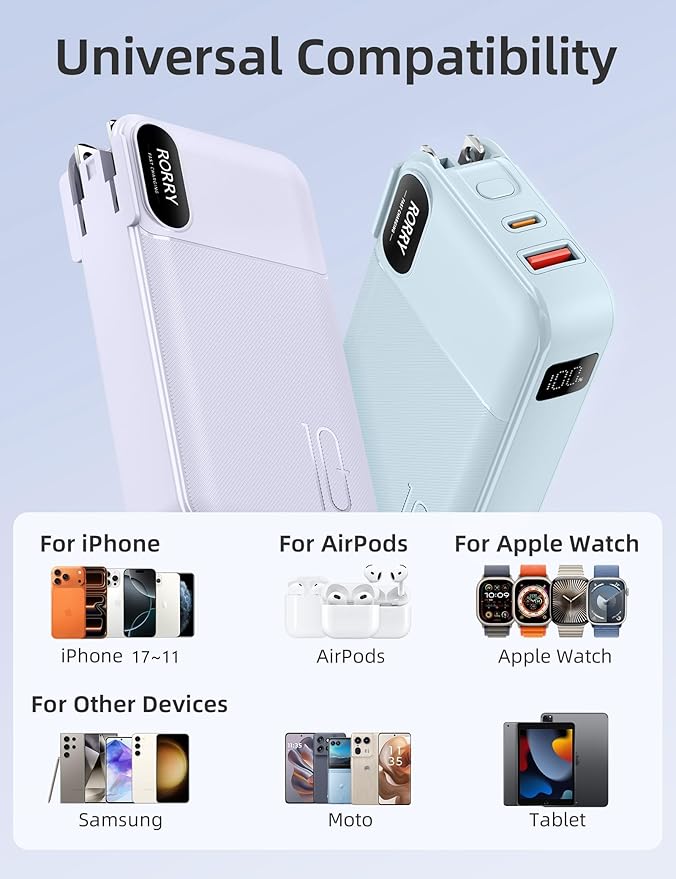 RORRY Portable Charger Built in Cables, AC Wall Plug in Portable Charger Power Bank 10000mAh Travel Battery Pack 22.5W Fast Charging for iPhone 17/16/15 Samsung Galaxy S24/S23 Pixel LG iPad, Purple