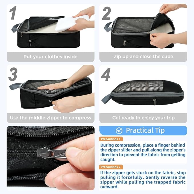 BAGAIL 4 Set/6 Set/8 Set Compression Packing Cubes Travel Accessories Expandable Packing Organizers (Half Mesh, 6-Black)