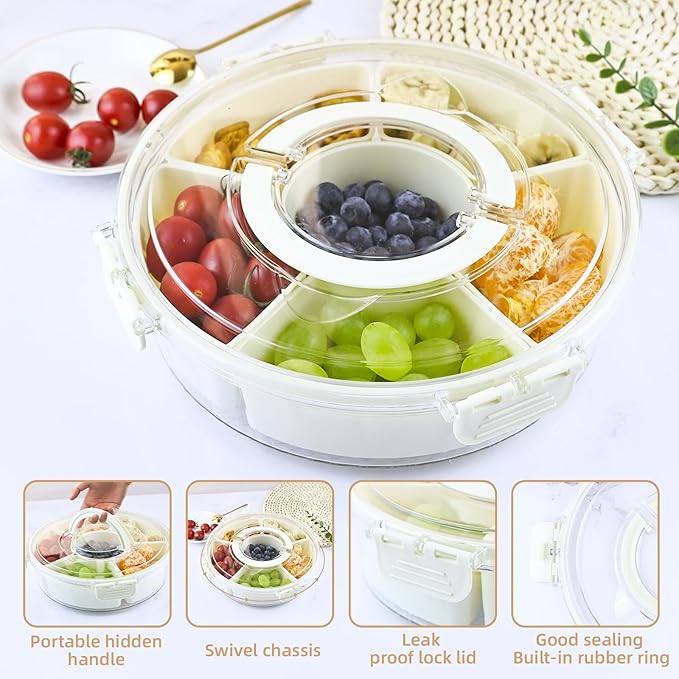 Divided Serving Tray with Lid and Handle Spinning Snackle Box Container for Candy Organizer Portable Veggie Trays for Serving for Party,Trave and Picnic Clear Lazy Susan Serving Tray (milky white)