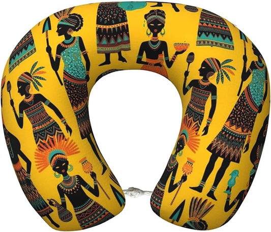 Neck Travel Pillow, Breathable Memory Foam Chin & Head Support Cushion Traditional African Women Art Yellow for Airplane Car Sleeping Rest