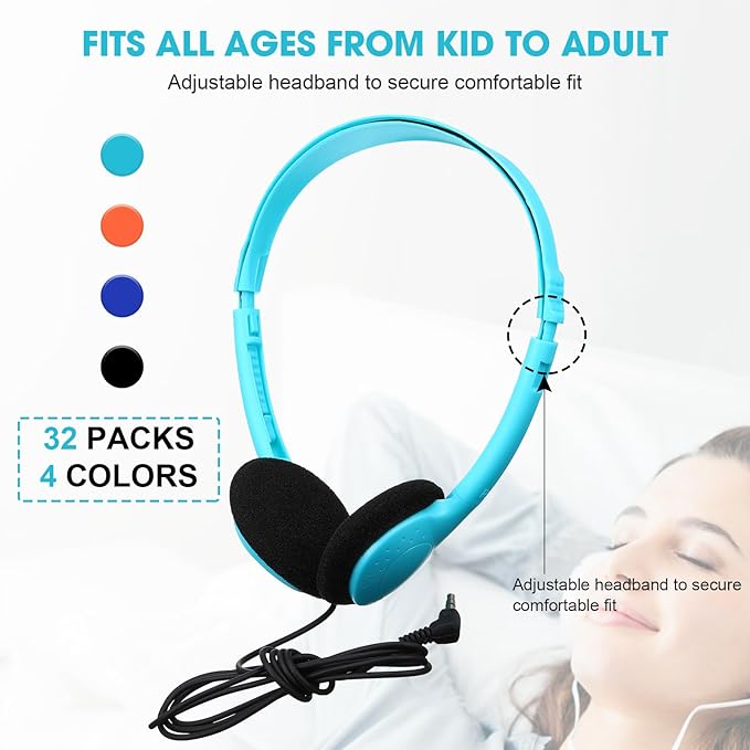 Konohan 30 Pack Headphones Bulk Headphone for School Classroom Student Wired Headphones Adjustable with 3.5 mm Jack for Adults (Sky Blue)