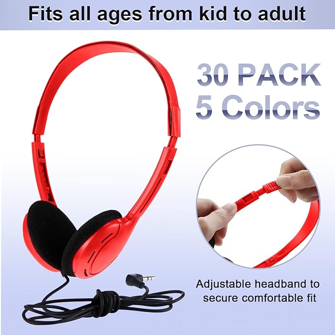 Yunsailing 30 Pack Class Set Headphones for Kids Students Bulk Classroom Headsets Adjustable School Earphones On Ear with 3.5mm Jack for Youth Adults, Teacher Must Have Supplies(Retro Colors)