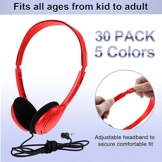 Yunsailing 30 Pack Class Set Headphones for Kids Students Bulk Classroom Headsets Adjustable School Earphones On Ear with 3.5mm Jack for Youth Adults, Teacher Must Have Supplies(Retro Colors)