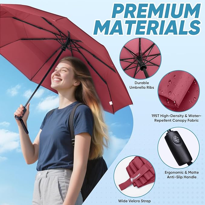 PTEROMY Windproof Compact Travel Umbrellas for Rain and Sun, Withstands 85MPH Winds Auto Open Close Folding Umbrella with Ergonomic Handle, Quick Dry Canopy for Commuting or Backpack
