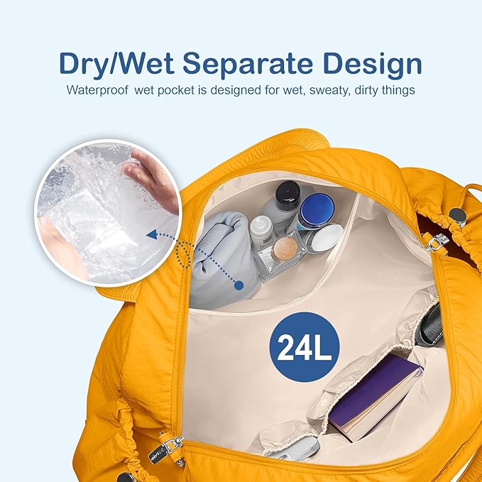 TOPDesign Travel Duffel Bag for Women, Puffer Gym Bag Sports Tote with Wet Pocket, Carry On Weekender with Luggage Sleeve (Golden Yellow)