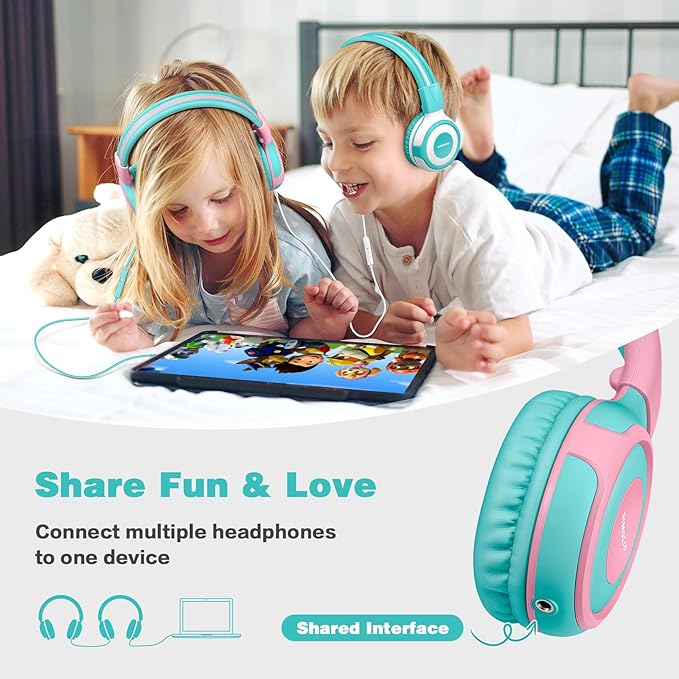 SIMOLIO Kids Headphone with Mic, 75dB,85dB,94dB Volume Limit Share Port, Child Headsets for Tablet/iPad/Kindle/Laptop, Sturdy Toddler Wired Headphones with Portable Bag for Girls, Boys (Mint & Pink)