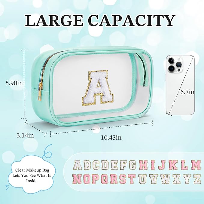YOOLIFE Initial Make Up Bag Travel Toiletry Bag, Clear Makeup Bag With Zipper Preppy Cosmetic Bag Swim Gifts For Girls Gifts for Women Teen Girlfriend Teacher Mom Birthday Daughter Gifts Blue P