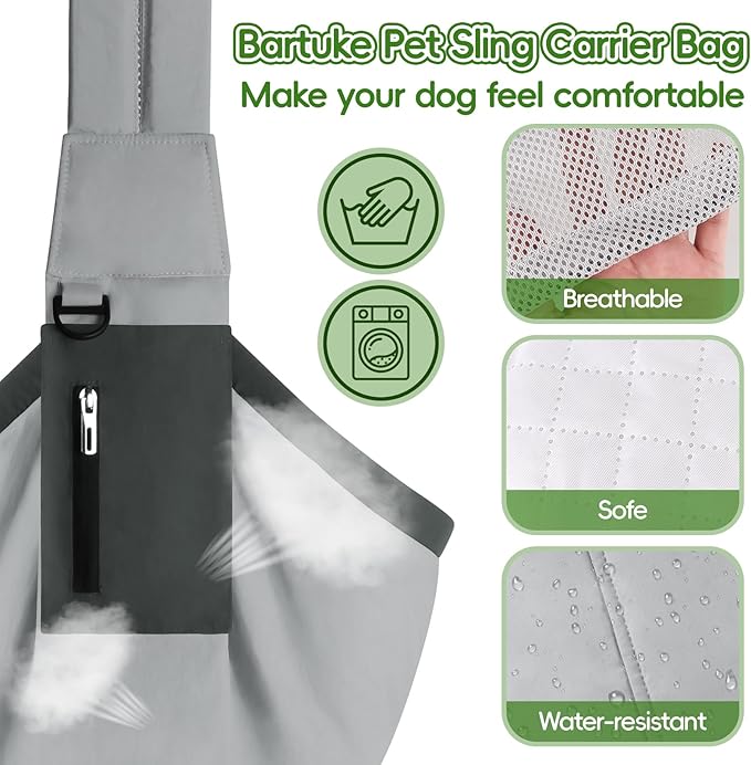 Bartuke Dog Carrier Sling, Hands Free Pet Sling Carriers for Small Dogs and Cats, Thick Padded Shoulder Strap Adjustable Dog Carriers with Storage Pocket, Water-Resistant Puppy Carrier Purse, Grey