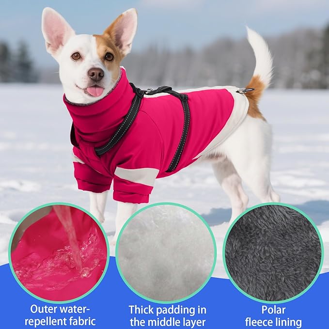 MIGOHI Rainproof Dog Winter Jacket with Harness,XXL Large Fleece Dog Coat with Sleeves,Adjustable Pet Puffer Jacket Snowsuit Cold Weather Coats for Golden Labrador Retriever,XXL,Rosered