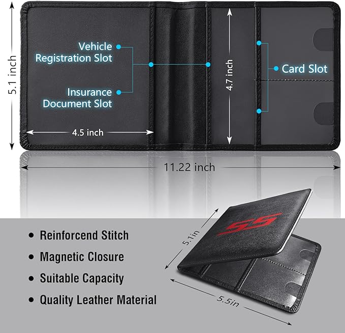 Leather Car Registration and Insurance Cards Holder Compatible with Chevy Camaro SS, Vehicle Glove Box Car Organizer with Magnetic Shut, Documents License for Camaro SS Owners