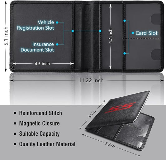Leather Car Registration and Insurance Cards Holder Compatible with Chevy Camaro SS, Vehicle Glove Box Car Organizer with Magnetic Shut, Documents License for Camaro SS Owners