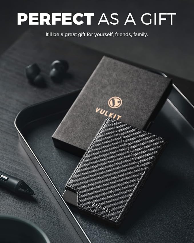 VULKIT Pop up Card Wallet RFID Blocking Slim Aluminum Metal Bank Card Holder Case with Business Money Pocket for Credit Cards Notes and Coins (Carbon Fiber Black)