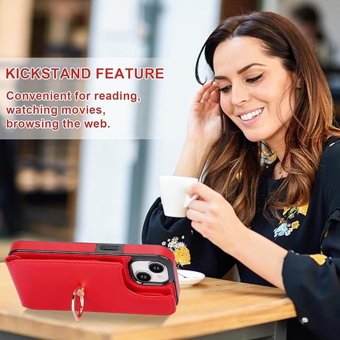 Folosu Compatible with iPhone 15 Case Wallet with Card Holder, 360°Rotation Finger Ring Holder Kickstand, RFID Blocking Leather Protective Double Buttons Shockproof Cover 6.1 Inch Red