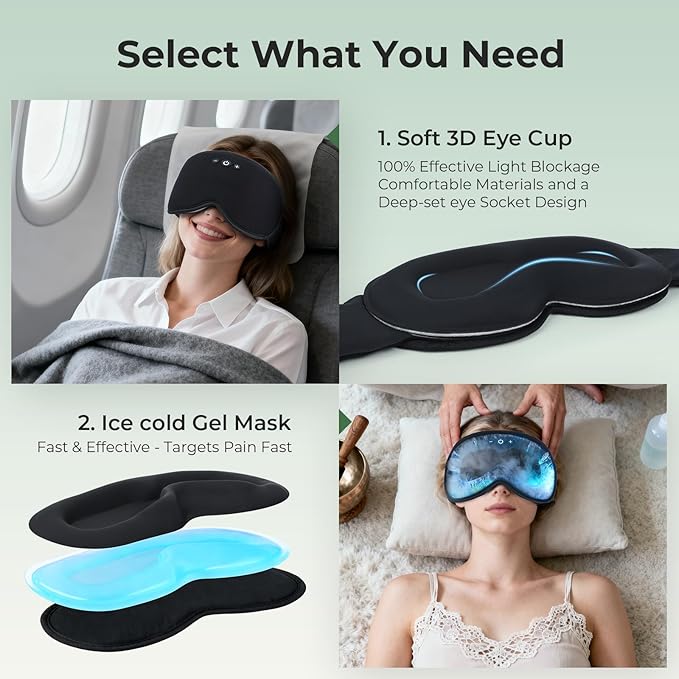 Smart Bluetooth Bamboo Cotton Sleep Mask Headphones, 3D Weighted Compress Cooling Gel Eye Mask 100% Blackout Sleep Mask Zero Eye Pressure|Warm&Cooling mask Hot Cold Therapy Sleep Headphones