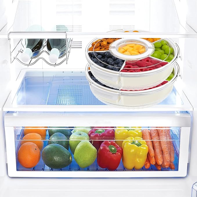 TAROSE Divided Serving Tray with Lid and Handle, 360° Rotating 6.6L Large Capacity Snackle Box Container with Dividers, Portable Snack Boxs for Fruit Veggie Salad, Beach Essentials Ideal for Picnic