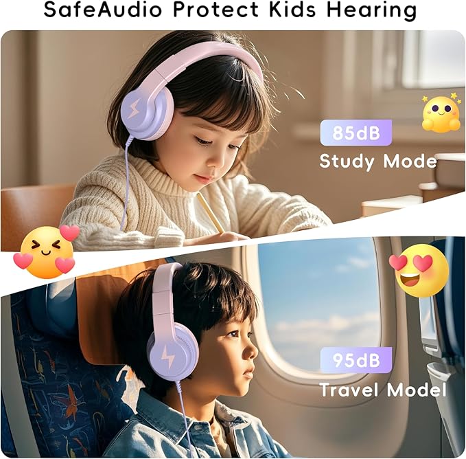 Kids Headphones, Wired Headphones for Kids Over Ear with Microphone, 85/94dB Volume Limiter Headphone for Girls Boys, Foldable Headphone for Learning & Entertainment, Gradient Pink