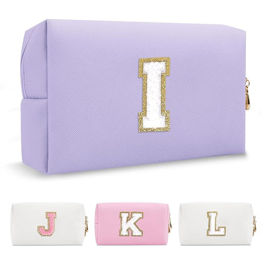 Personalized Makeup Bag Initial A-Z Preppy Patch Bag,Small PU Leather Travel Cosmetic Bag Pouch with Zipper,Purple Cute Toiletry Bag,Gift Ideal for Teen Girls Women Birthday Friend Mom,Latter I