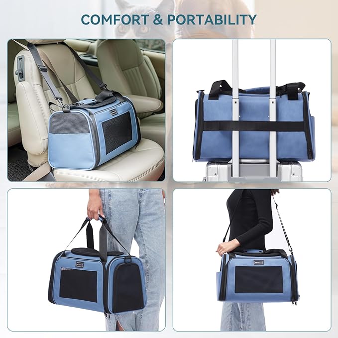 PETSFIT Pet Carrier, Dog Carrier Airline Approved, Collapsible Soft Sided TSA Approved Pet Carrier for Small and Medium Cats, Puppies Up to 12 Lbs, Cat Travel Carrier, Blue