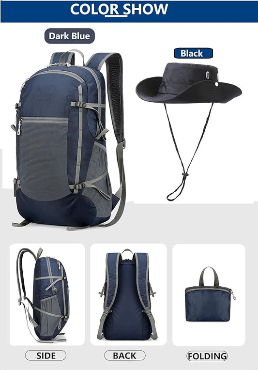 30L Foldable Backpack & Bucket Hat 2 In 1 Combo, Lightweight packable Travel and Fisherman Hat Set, Compact Collapsible Daypack with Sun Hat (Dark Blue)
