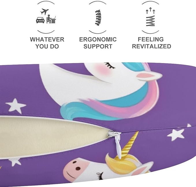 Teens Neck Pillow U-Shaped Memory Foam Travel Support, Galaxy Rainbow Star Magic Unicorn Purple U-Shape, Washable Airplane Car Office Pillow
