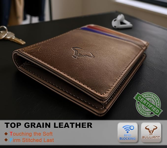 BULLIANT Men Wallet,Top Grain Leather Slim Wallet Magnetic Closure Simplifed Bill Folder RFID Blocking 11Cards