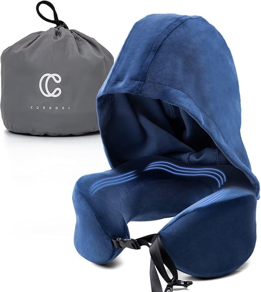 Neck Pillow with Hood - Memory Foam Neck Pillow Head Chin Support, Airplane, Car, Office & Home Sleep Rest Travel Pillows with Hood (Navy Blue, L)